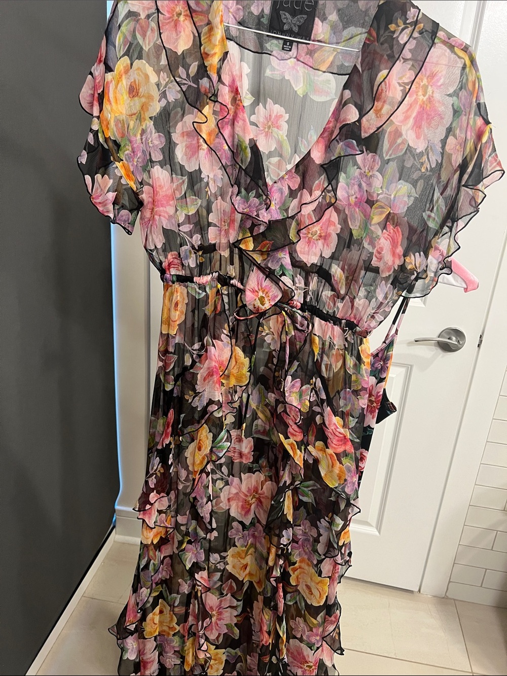 Johnny Was Black Sheer Floral Maxi Dress with Pink and Yellow Blooms